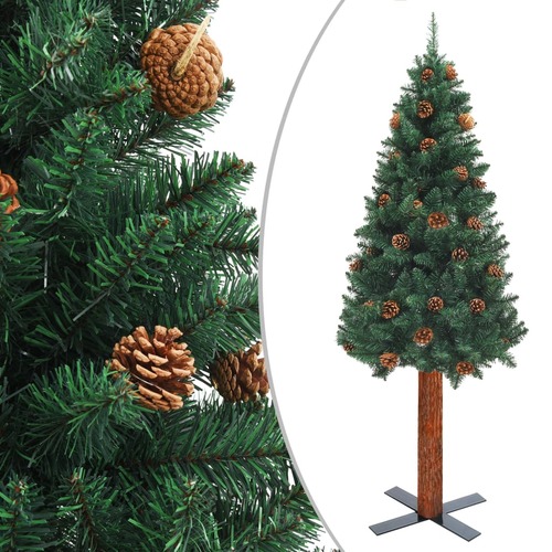 Slim Christmas Tree with Real Wood and Cones Green 150 cm PVC