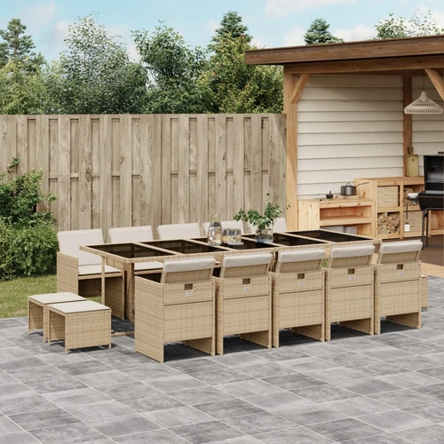 15 Piece Garden Dining Set with Cushions Beige Poly Rattan