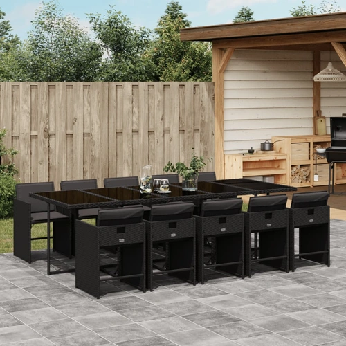 11 Piece Garden Dining Set with Cushions Black Poly Rattan