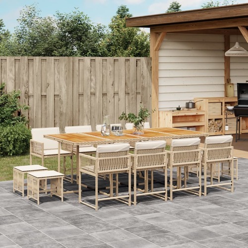 13 Piece Garden Dining Set with Cushions Beige Poly Rattan