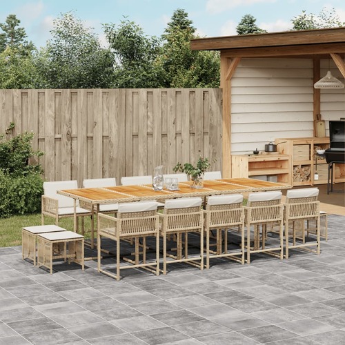 15 Piece Garden Dining Set with Cushions Beige Poly Rattan