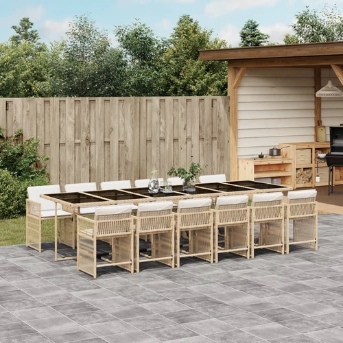 13 Piece Garden Dining Set with Cushions Beige Poly Rattan