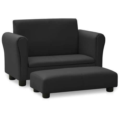 Children Sofa with Stool Black Faux Leather