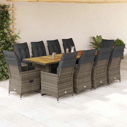 11 Piece Garden Bistro Set with Cushions Grey Poly Rattan