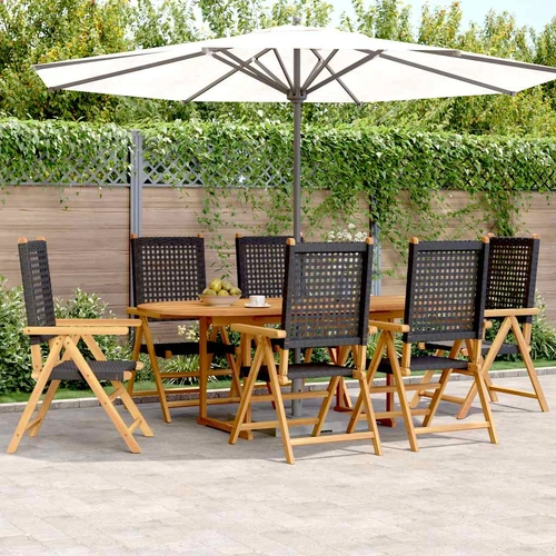 7 Piece Garden Dining Set Black Poly Rattan and Solid Wood