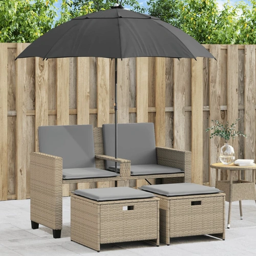 Garden Sofa 2-Seater with Parasol and Stools Beige Poly Rattan