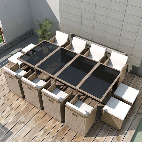 13 Piece Outdoor Dining Set with Cushions Poly Rattan Beige
