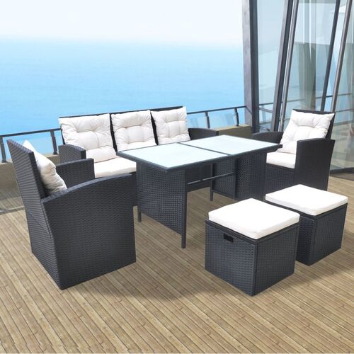 6 Piece Outdoor Dining Set with Cushions Poly Rattan Black