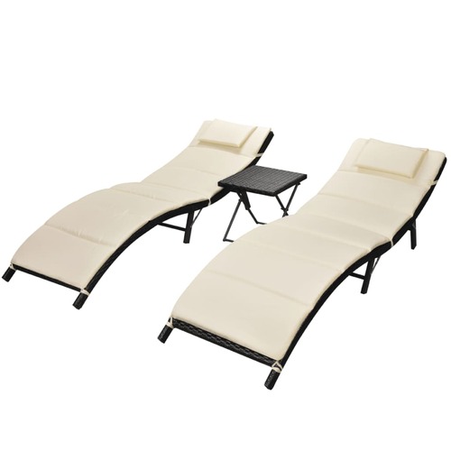 Folding Sun Loungers 2 pcs with Table Poly Rattan Black