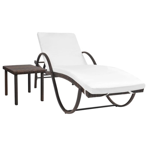 Sun Lounger with Cushion & Table Poly Rattan Brown