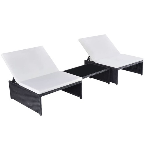 Sun Loungers 2 pcs with Table Poly Rattan Black