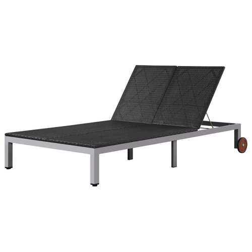 Double Sun Lounger with Wheels Poly Rattan Black