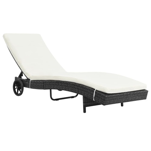Sun Lounger with Wheels and Cushion Poly Rattan Black