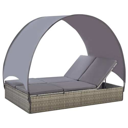 Double Sun Lounger with Canopy Poly Rattan Grey