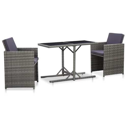 3 Piece Bistro Set with Cushions Poly Rattan Grey