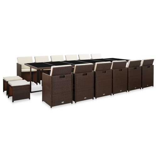 17 Piece Outdoor Dining Set with Cushions Poly Rattan Brown