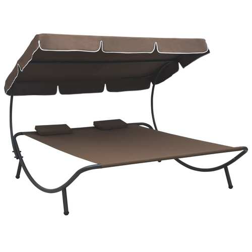 Outdoor Lounge Bed with Canopy and Pillows Brown