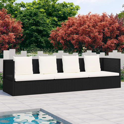 Outdoor Lounge Bed with Cushion & Pillows Poly Rattan Black