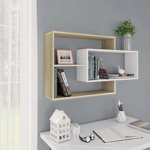Wall Shelves White and Sonoma Oak 104x20x58.5 cm Chipboard