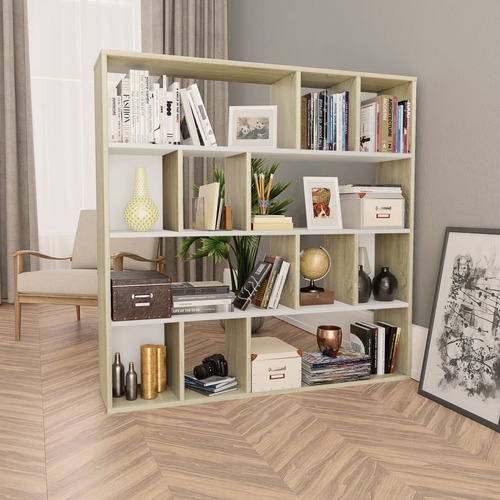 Room Divider/Book Cabinet White and Sonoma Oak 110x24x110 cm Chipboard