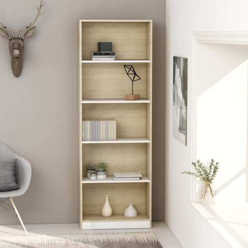 5-Tier Book Cabinet White and Sonoma Oak 60x24x175 cm Chipboard