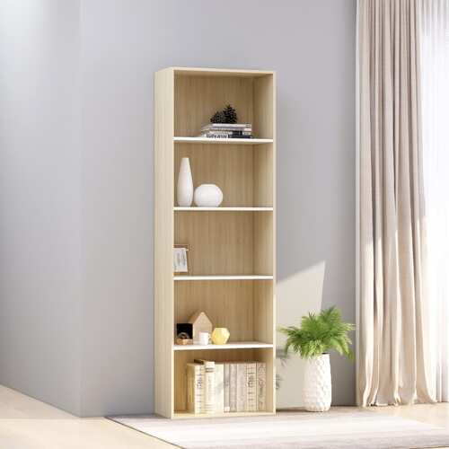 5-Tier Book Cabinet White and Sonoma Oak 60x30x189 cm Chipboard