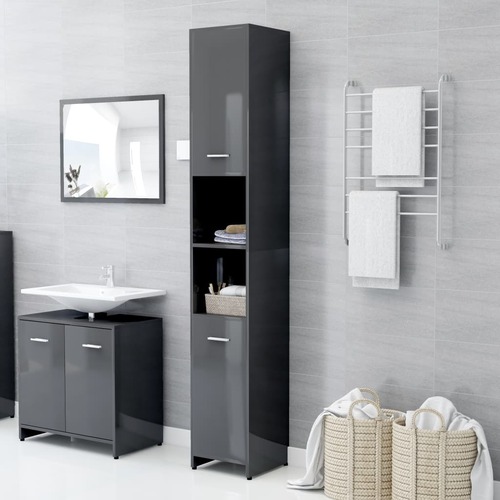 Bathroom Cabinet High Gloss Grey 30x30x183.5 cm Chipboard