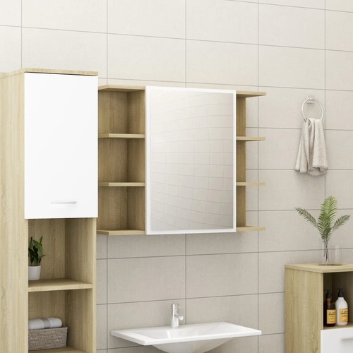 Bathroom Mirror Cabinet White and Sonoma Oak 80x20.5x64 cm Chipboard