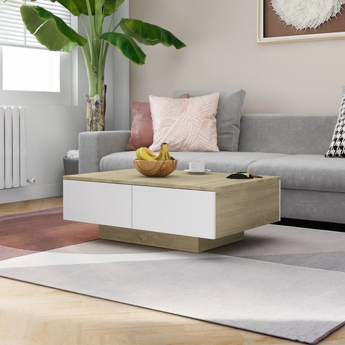 Coffee Table White and Sonoma Oak 90x60x31 cm Chipboard