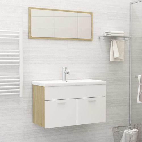 2 Piece Bathroom Furniture Set White and Sonoma Oak Chipboard