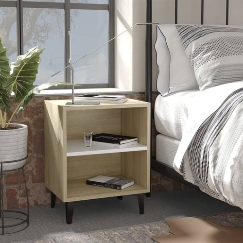 Bed Cabinets Metal Legs 2 pcs Sonoma Oak and White 40x30x50 cm