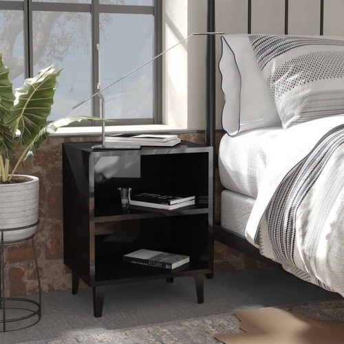 Bed Cabinet with Metal Legs High Gloss Black 40x30x50 cm