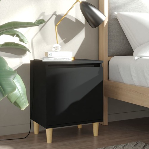 Bed Cabinet with Solid Wood Legs Black 40x30x50 cm