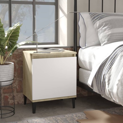 Bed Cabinet with Metal Legs Sonoma Oak and White 40x30x50 cm