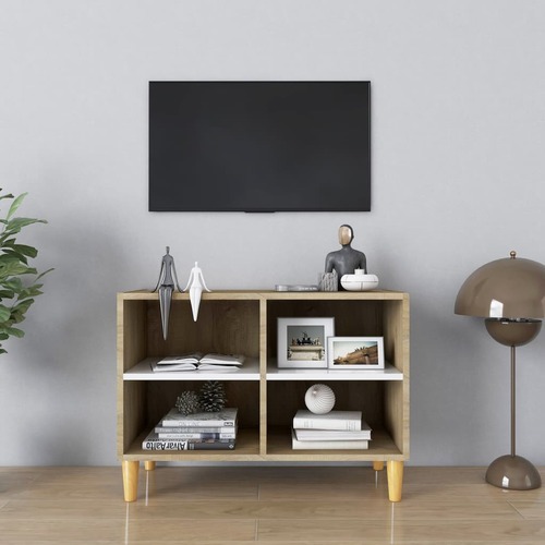 TV Cabinet & Solid Wood Legs White and Sonoma Oak 69.5x30x50 cm