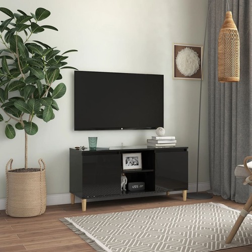 TV Cabinet & Solid Wood Legs High Gloss Black 103.5x35x50 cm