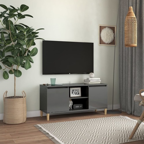 TV Cabinet & Solid Wood Legs High Gloss Grey 103.5x35x50 cm