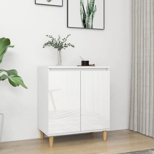 Sideboard&Solid Wood Legs High Gloss White 60x35x70cm Chipboard