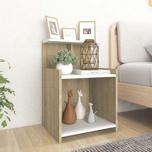 Bed Cabinet White and Sonoma Oak 40x35x60 cm Chipboard