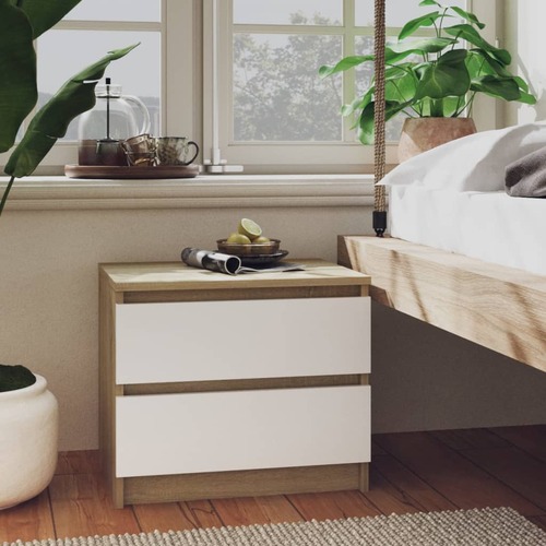 Bed Cabinet White and Sonoma Oak 50x39x43.5 cm Chipboard