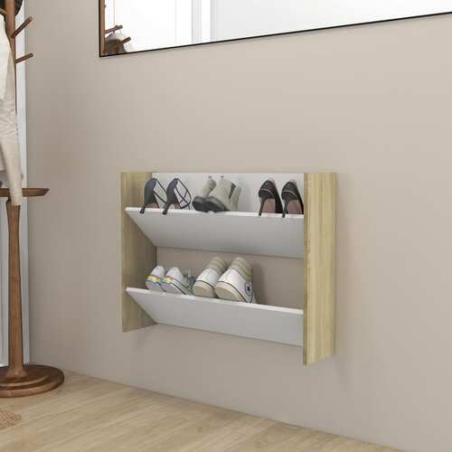 Wall Shoe Cabinet White and Sonoma Oak 80x18x60 cm Chipboard