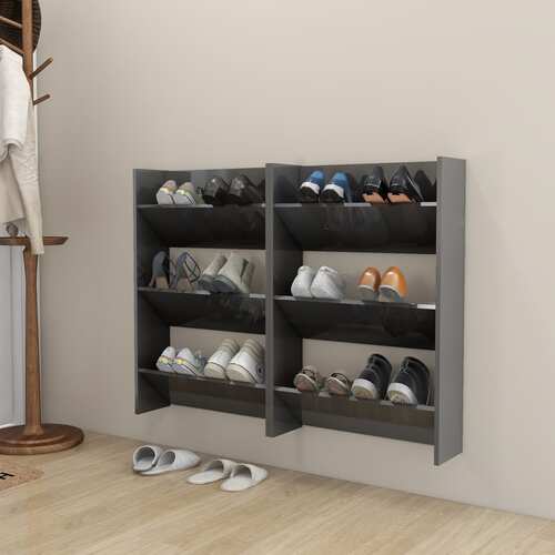 Wall Shoe Cabinets 2 pcs High Gloss Grey 60x18x90 cm Chipboard