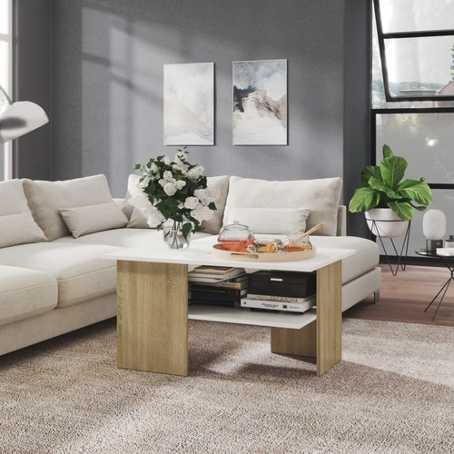 Coffee Table White and Sonoma Oak 90x60x46.5 cm Chipboard