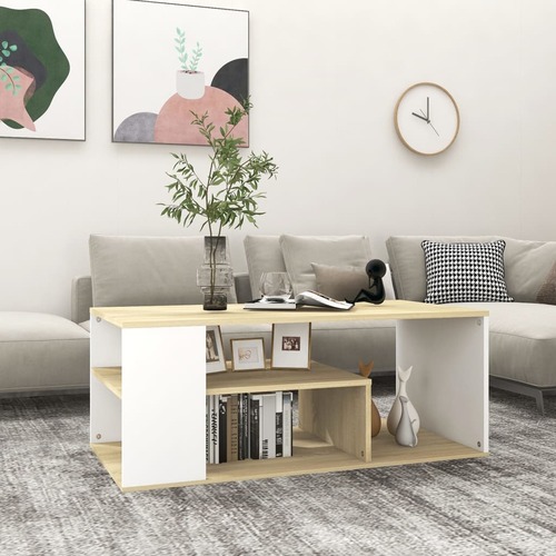 Coffee Table White and Sonoma Oak 100x50x40 cm Chipboard