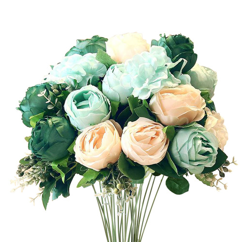 3pcs Artificial Silk with 15 Heads Flower Fake Rose Bouquet Table Decor Blue