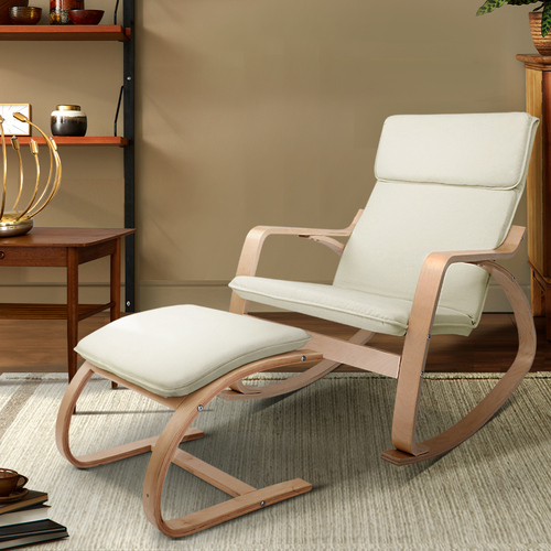 Wooden Armchair with Foot Stool - Beige