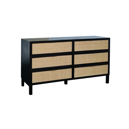 Colton Chest of Drawers - Black Mango Wood and Rattan 6 Drawers