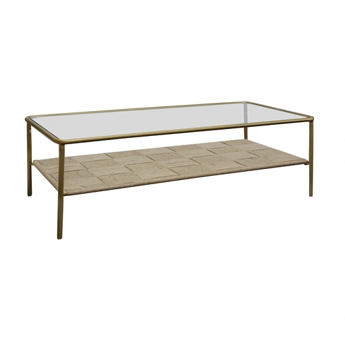 Coffee Table-Jute with Glass Top & Brass Finish Metal Legs