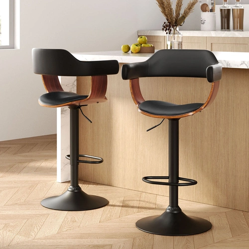 2x Bar Stools Gas Lift Leather w/Armrest All Black