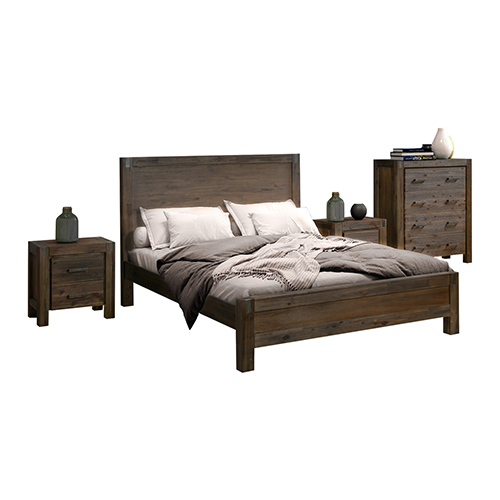 4 Pieces Bedroom Suite in Solid Wood Veneered Acacia Construction Timber Slat Double Size Chocolate Colour Bed, Bedside Table & Tallboy
